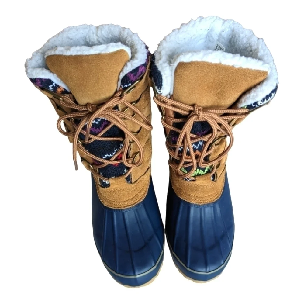 Khombu Vail Women's Blue Rubber Tan Suede Snow Duck Boots Colorful Knit Accent 6